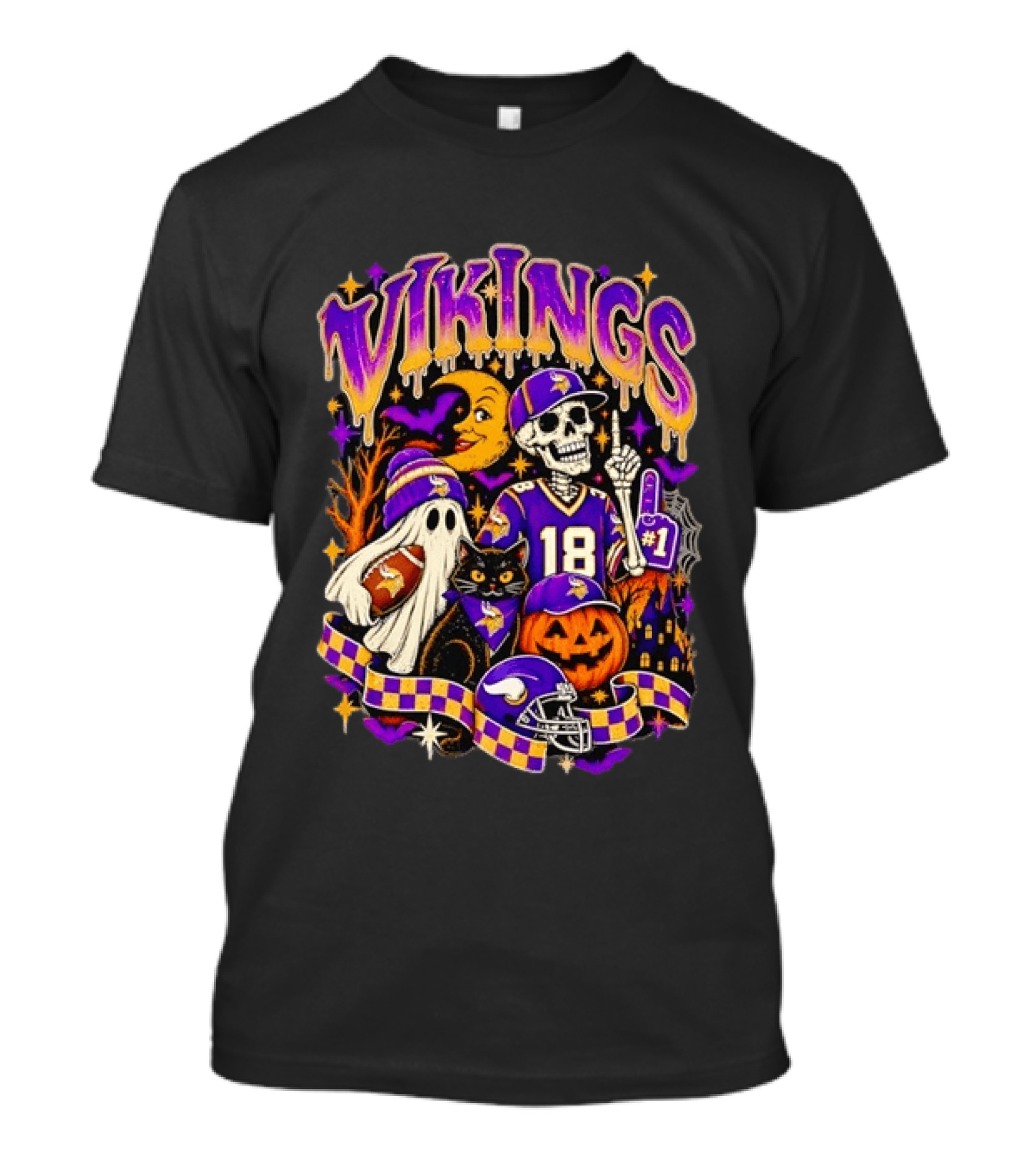 Vikings Halloween Skeleton Football 18 With Ghost Cat And Pumpkins T-Shirt