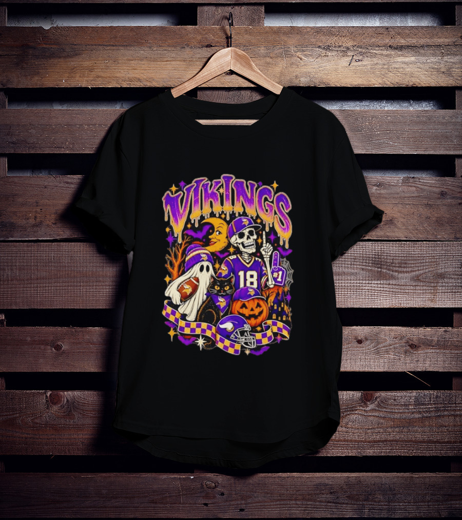 Vikings Halloween Skeleton Football 18 With Ghost Cat And Pumpkins T-Shirt