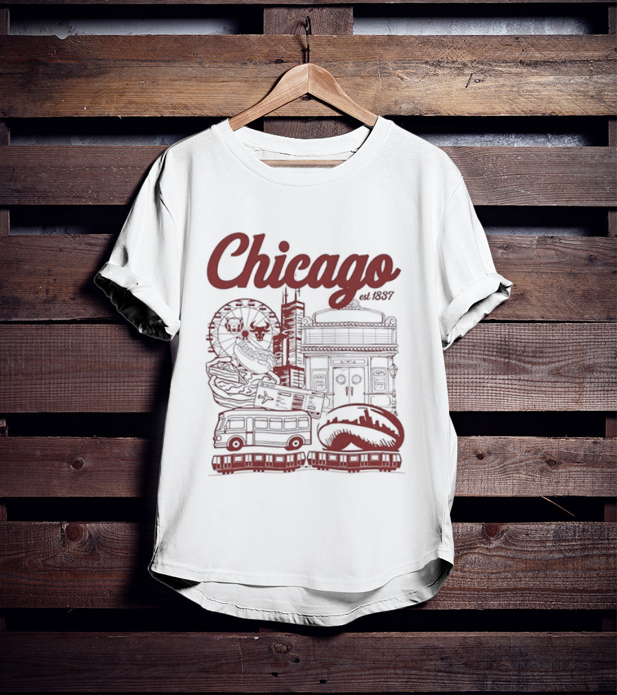 Chicago City Landmarks Illinois Est 1837 Ferris Wheel Hot Dog Retro Bus T-Shirt