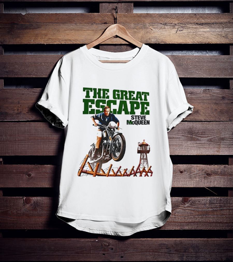 The Great Escape Steve McQueen Motorcycle Jump Classic Movie Scene T-Shirt