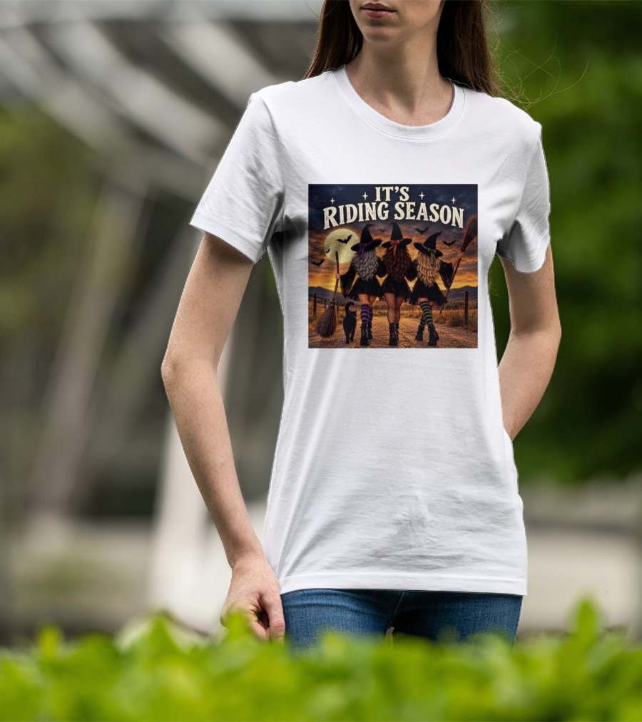 Halloween Witches With Brooms Under Full Moon And Black Cats T-Shirt