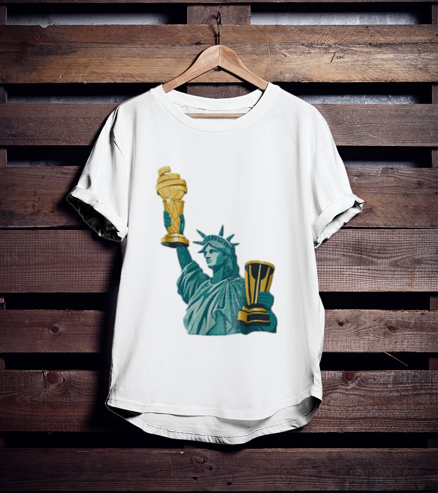 Lady Liberty Holding Dual Championship Trophies Soccer And Basketball T-Shirt