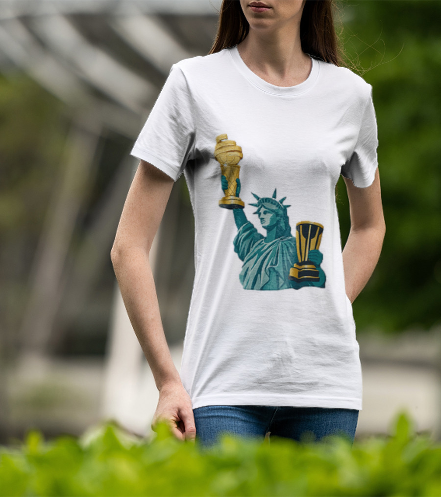 Lady Liberty Holding Dual Championship Trophies Soccer And Basketball T-Shirt