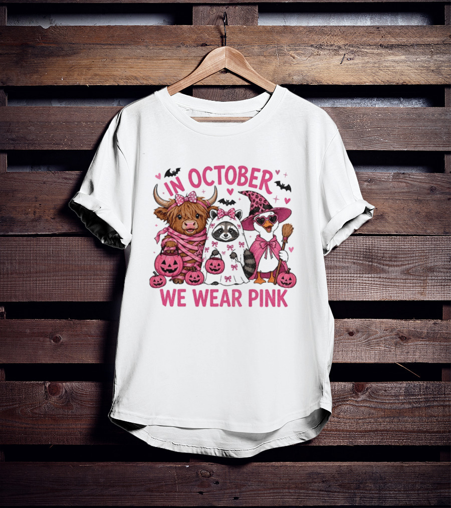 In October We Wear Pink Breast Cancer Support With Halloween Animals T-Shirt