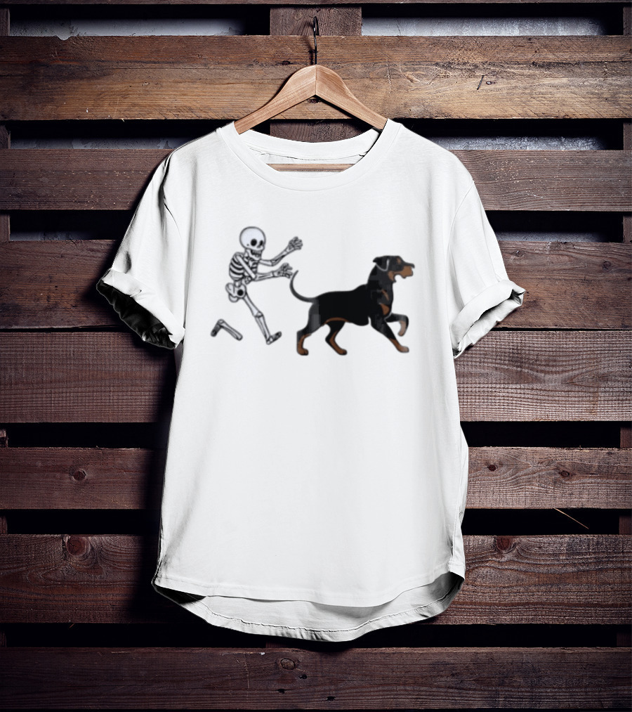 Skeleton Chasing Rottweiler With Bone In Halloween Humor Scene T-Shirt