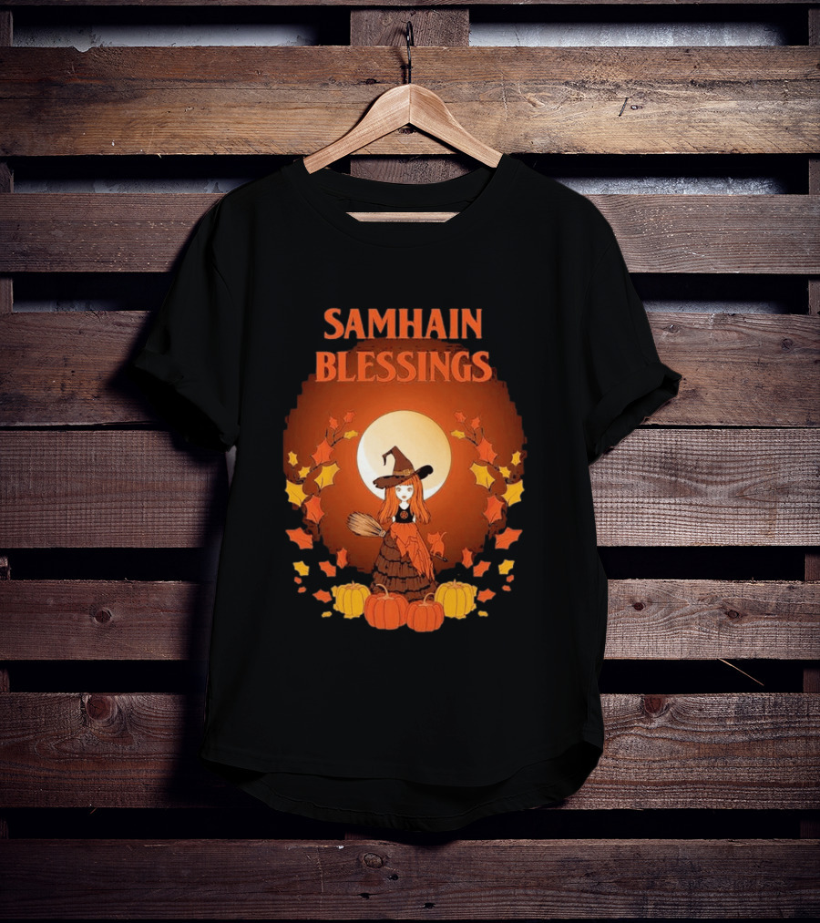 Samhain Blessings Little Witch And Pumpkin Magic Halloween T-Shirt