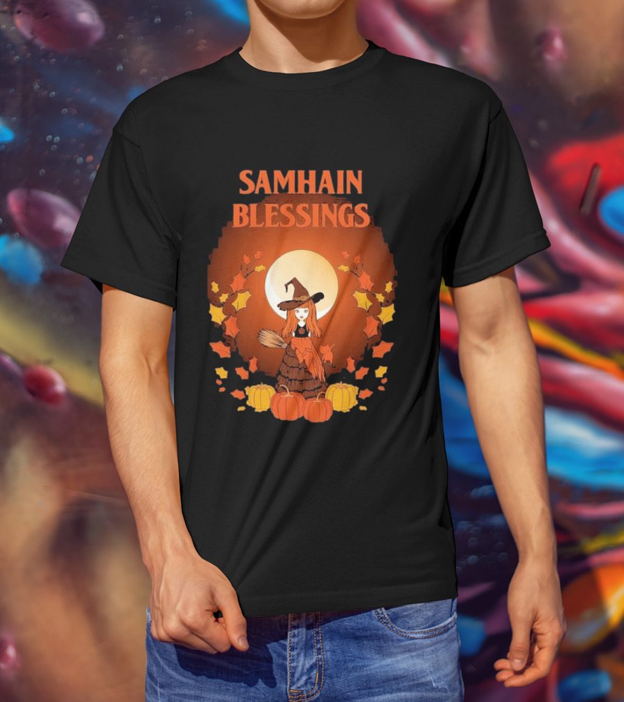 Samhain Blessings Little Witch And Pumpkin Magic Halloween T-Shirt
