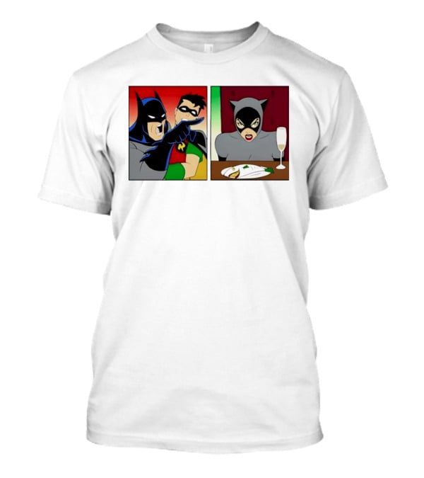 Batman Robin Yelling At Catwoman Meme Panel With Fish Plate And Wine Glass T-Shirt