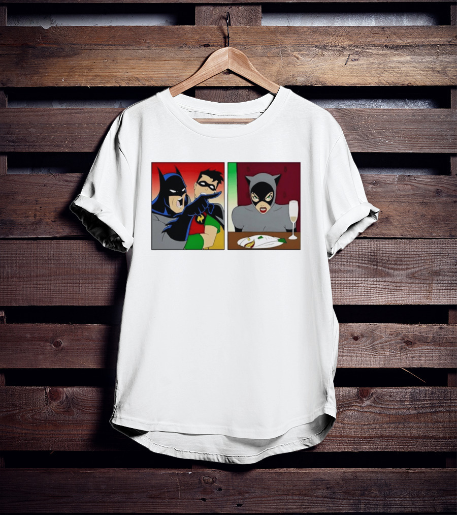 Batman Robin Yelling At Catwoman Meme Panel With Fish Plate And Wine Glass T-Shirt