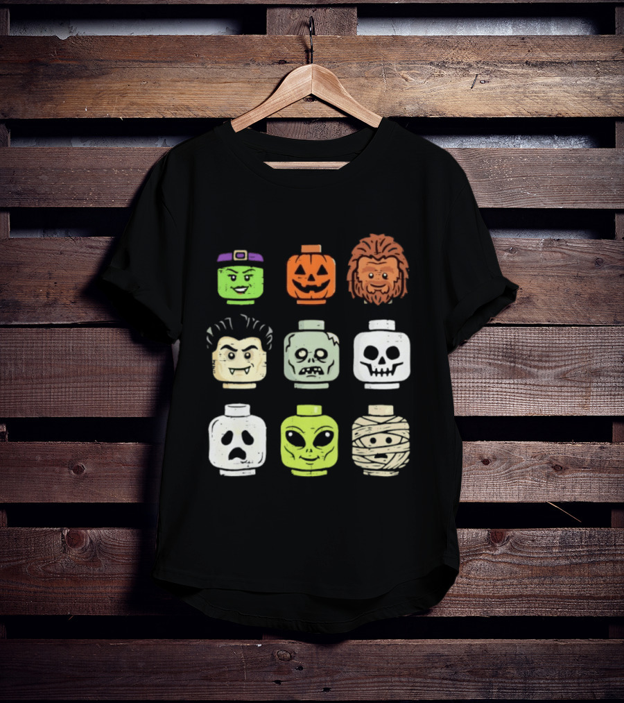 Distressed Halloween Minifigure Frankenstein Pumpkin Werewolf Dracula Zombie Ghost Alien Mummy Heads Collection T-Shirt