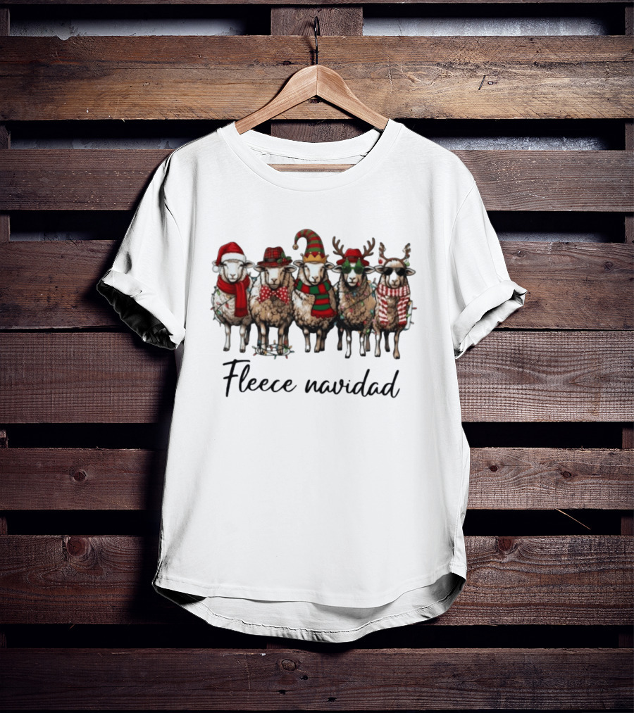 Fleece Navidad Christmas Sheep In Santa Hats Reindeer Antlers And Festive Scarves T-Shirt