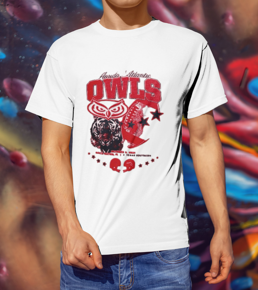Florida Atlantic Owls Boca Raton Texas Southern 2026 Football Tiger Art Stars Red T-Shirt