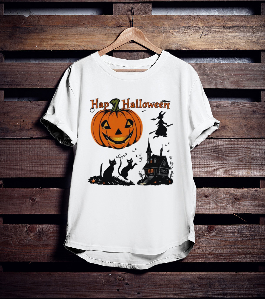 Happy Halloween Pumpkin Black Cats Witch Haunted House T-Shirt