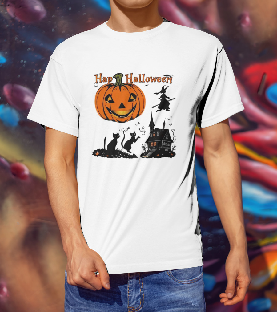 Happy Halloween Pumpkin Black Cats Witch Haunted House T-Shirt