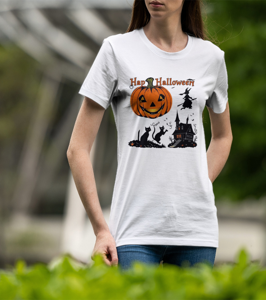 Happy Halloween Pumpkin Black Cats Witch Haunted House T-Shirt