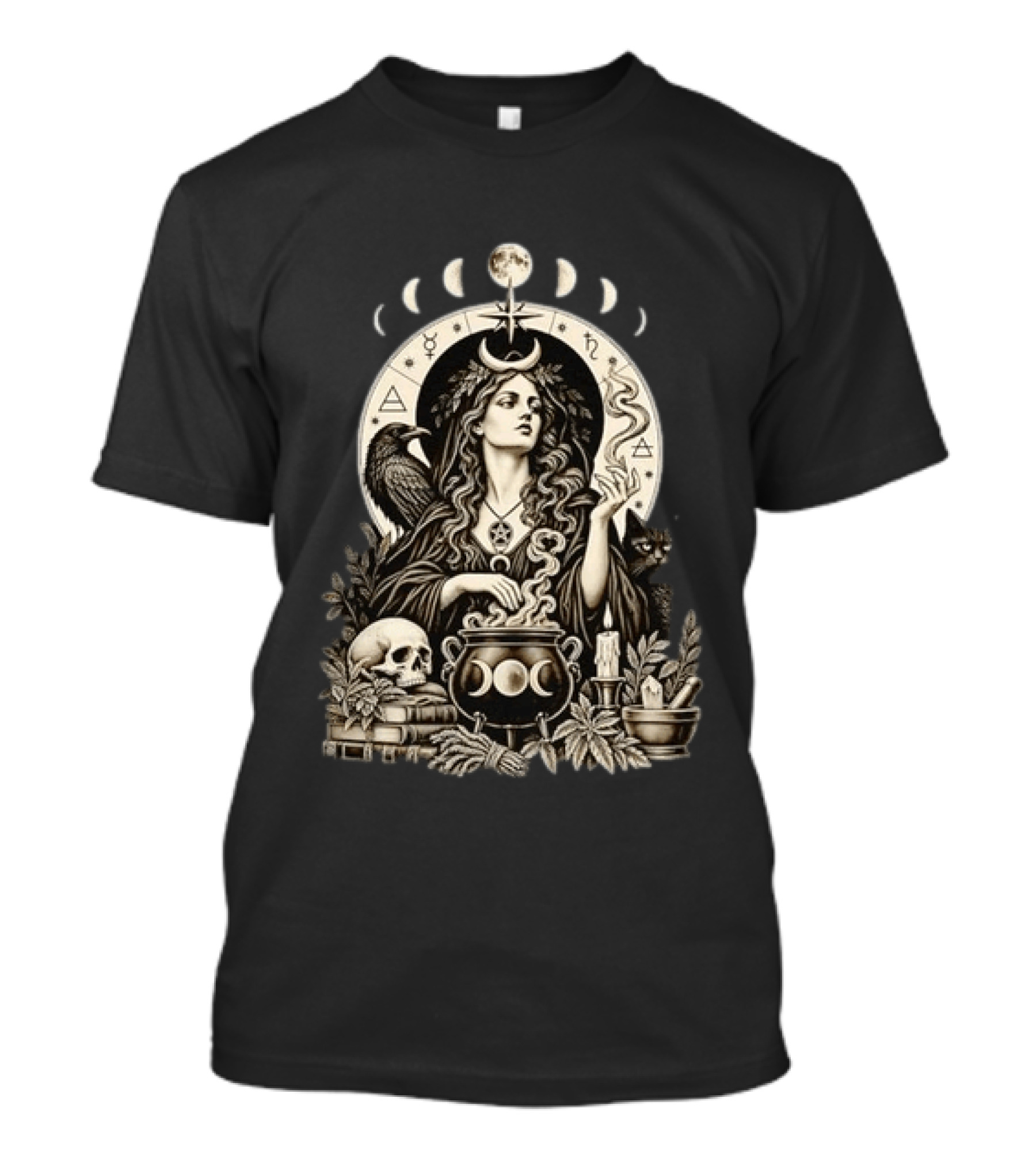 Witch Casting Spell With Raven Cat Pentacle Cauldron Moon Phases T-Shirt