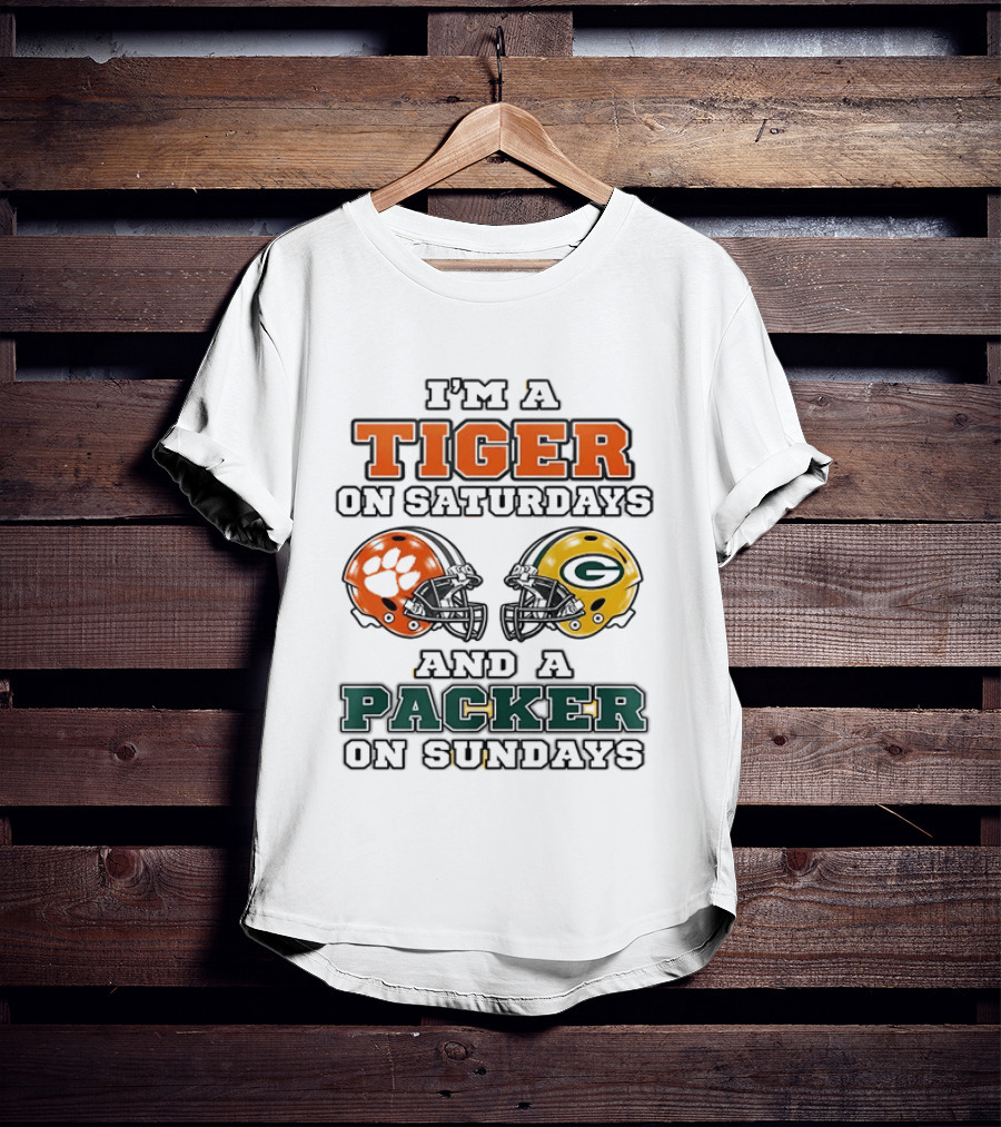 Tiger On Saturdays Clemson Tigers Packer On Sundays Green Bay Packers Helmets T-Shirt
