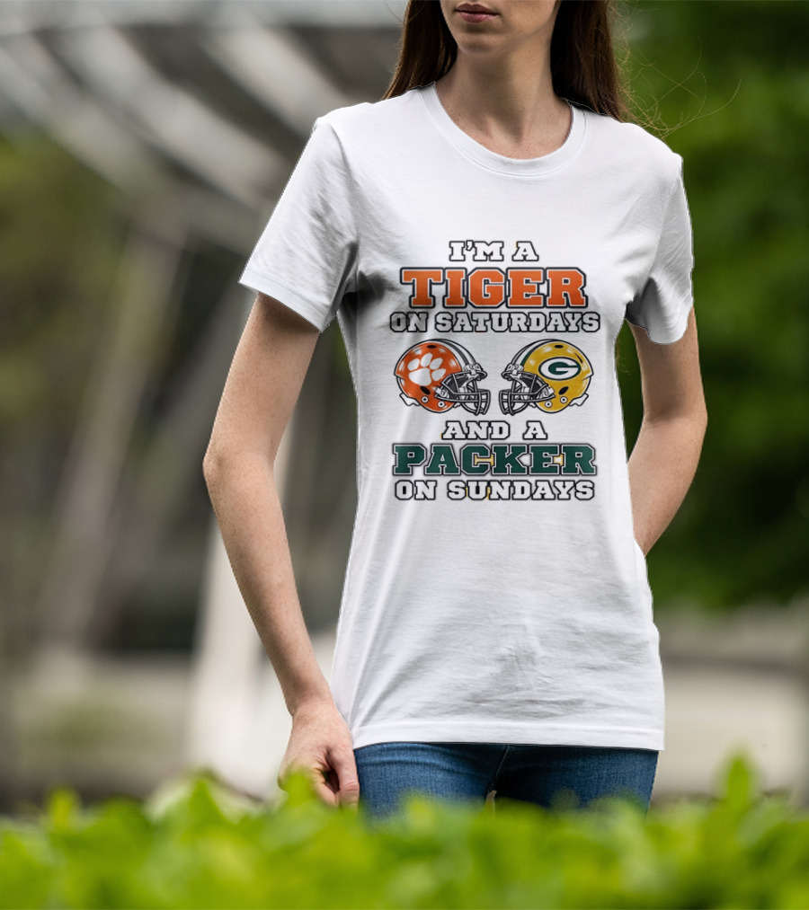 Tiger On Saturdays Clemson Tigers Packer On Sundays Green Bay Packers Helmets T-Shirt