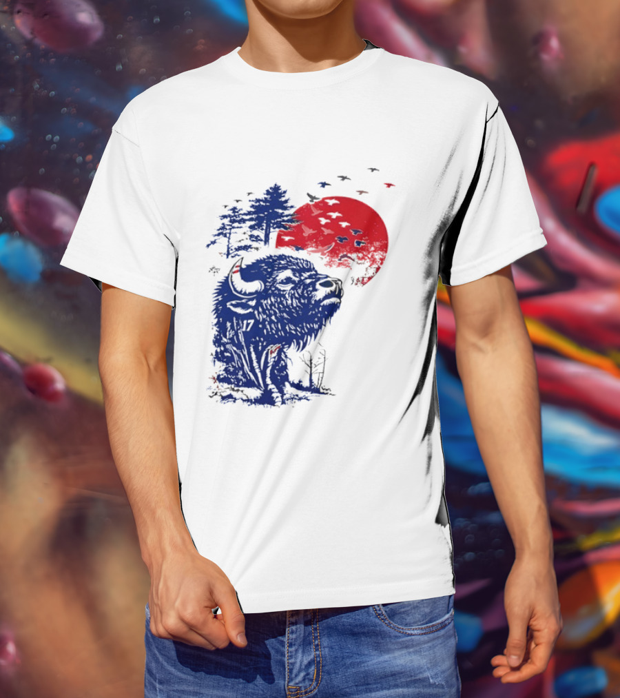 Buffalo Bills 17 Bison Sunset With Trees And Red Sun T-Shirt
