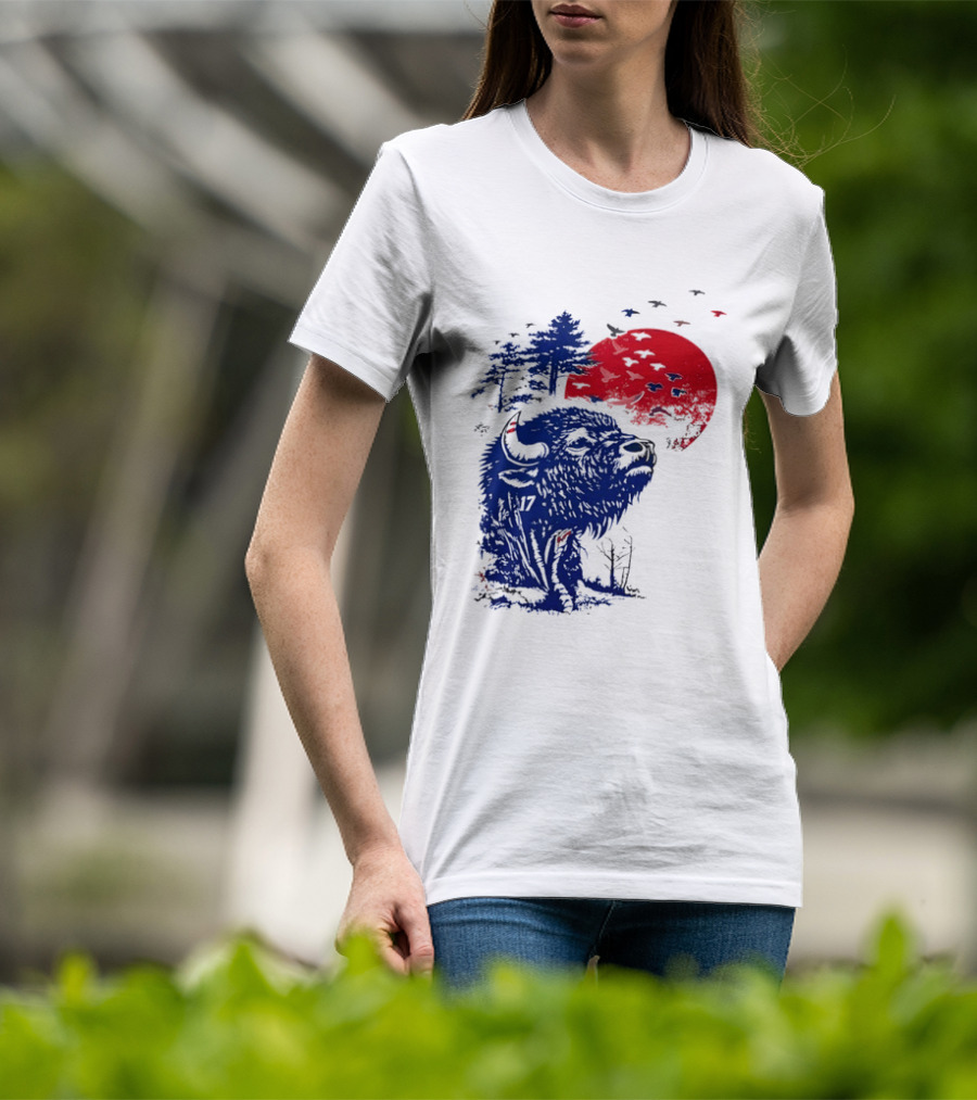 Buffalo Bills 17 Bison Sunset With Trees And Red Sun T-Shirt