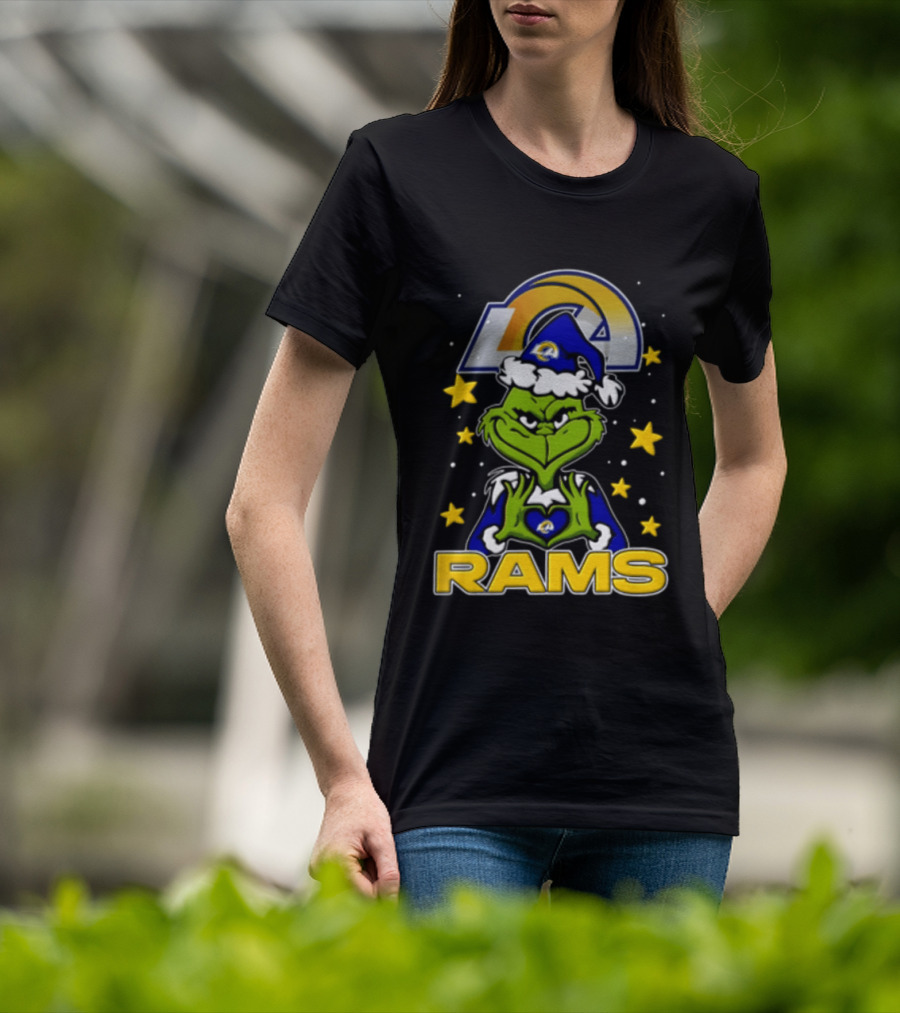 Los Angeles Rams Grinch Santa Hat Christmas Cartoon Fan Gear T-Shirt