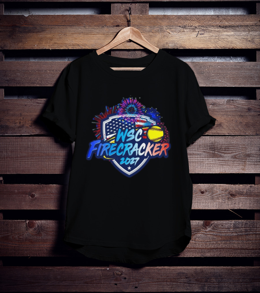 WSC Firecracker 2027 Softball Patriotic Shield Fireworks Yellow Ball Stars T-Shirt