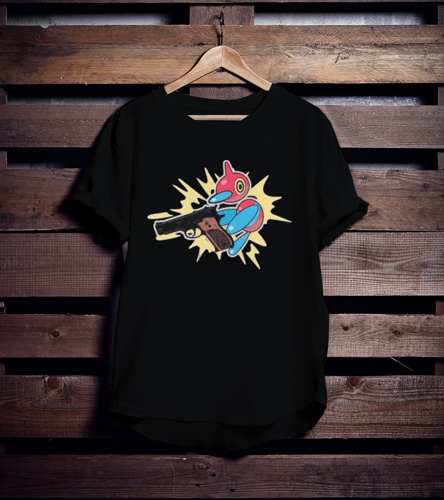 Porygon Z Holding Gun Pokemon Character Image T-Shirt