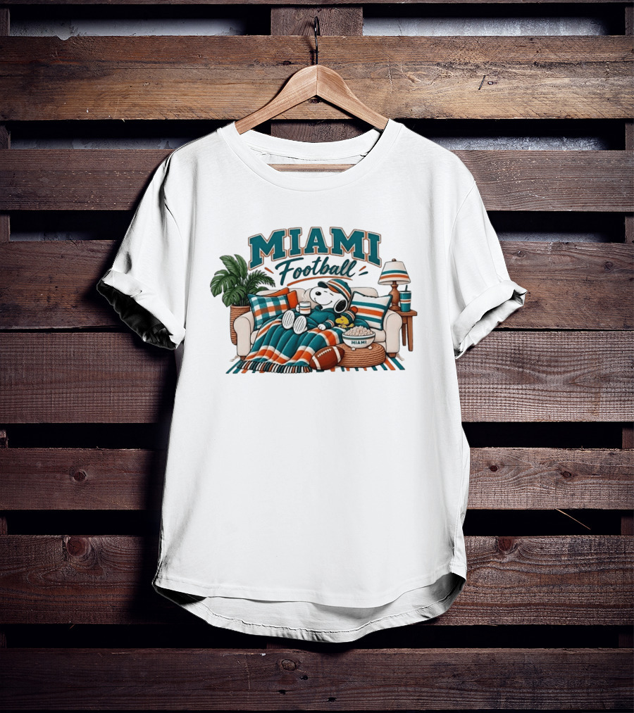 Miami Dolphins Snoopy Woodstock Couch With Miami Football T-Shirt