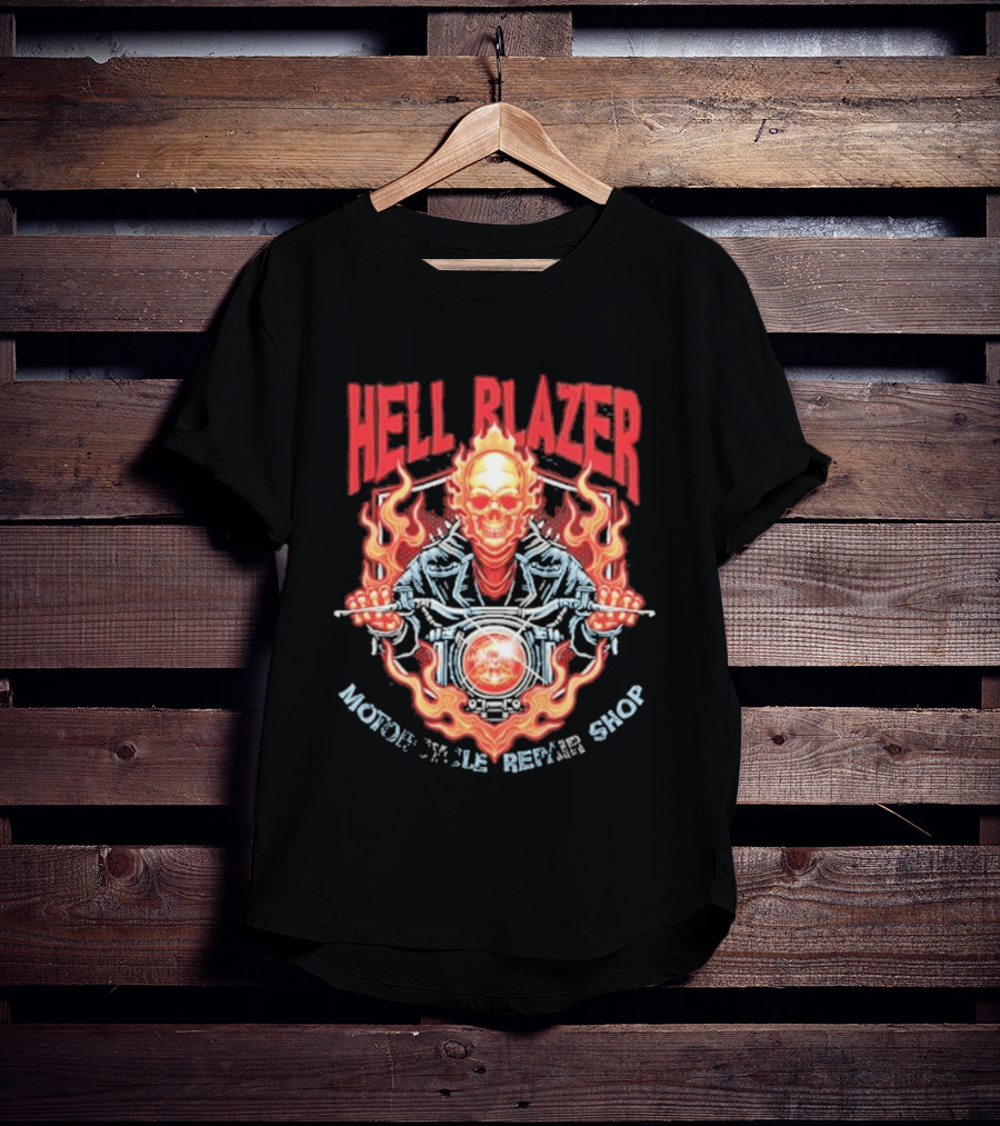 Hell Blazer Motorcycle Repair Shop Fiery Skull And Flames T-Shirt