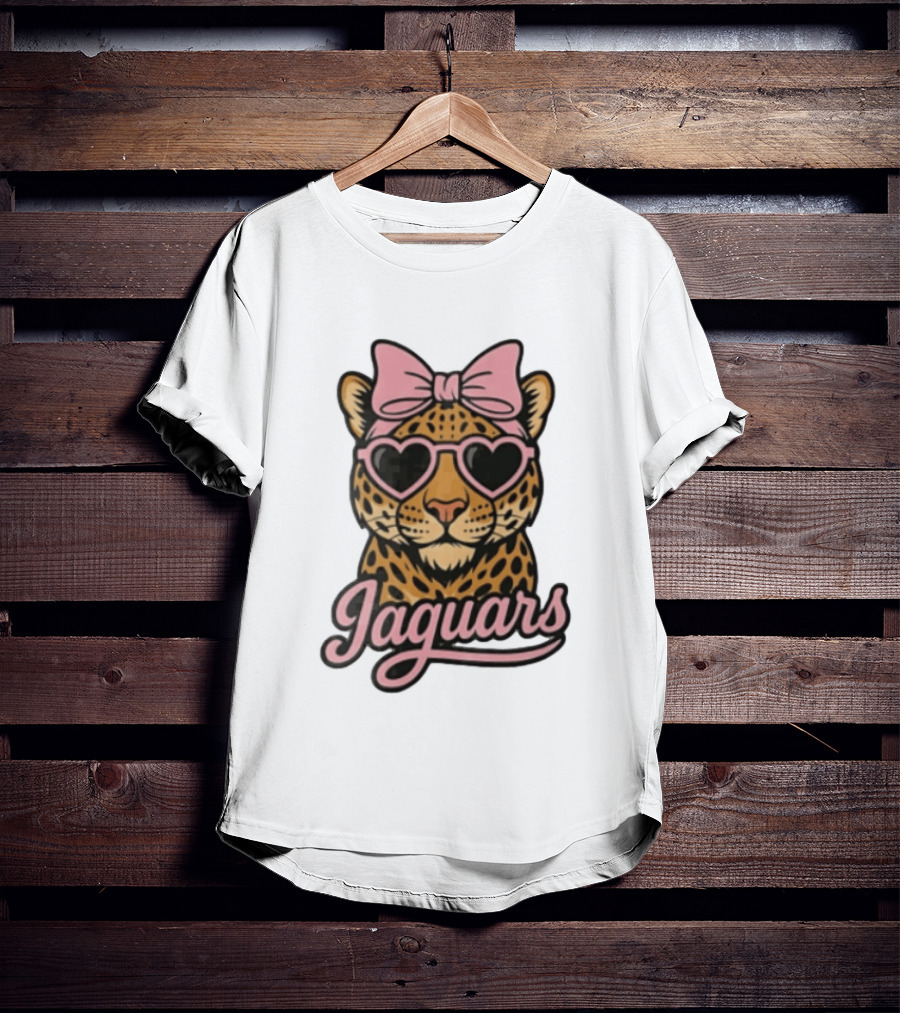 Jacksonville Jaguars Leopard Pink Bow Heart Sunglasses T-Shirt