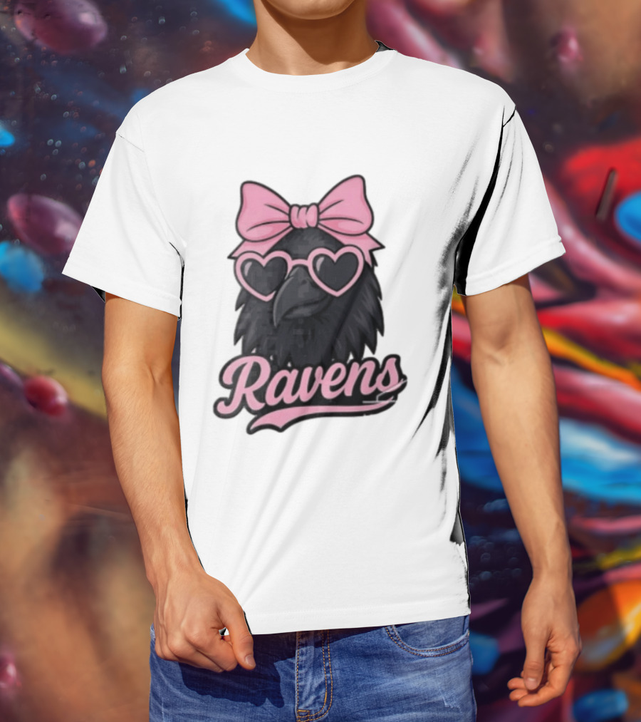 Ravens Raven Pink Bow Heart Sunglasses T-Shirt