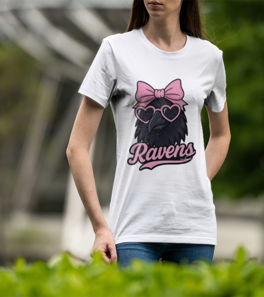 Ravens Raven Pink Bow Heart Sunglasses T-Shirt