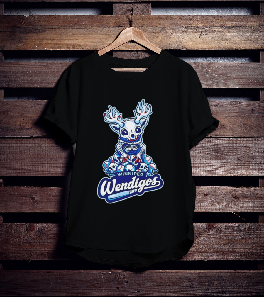 Winnipeg Wendigos Baseball Skull With Antlers And Blue Bats T-Shirt
