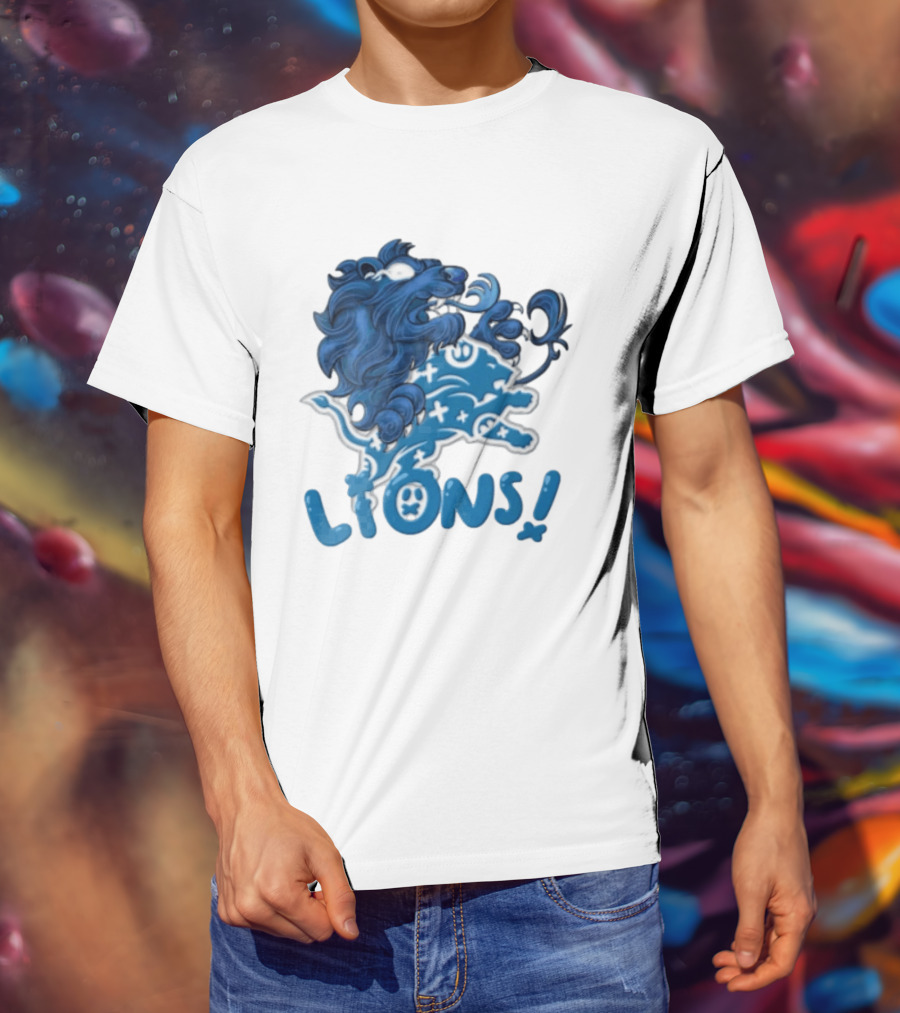 Detroit Lions Blue Lion Roaring Mascot With Playful Lettering T-Shirt