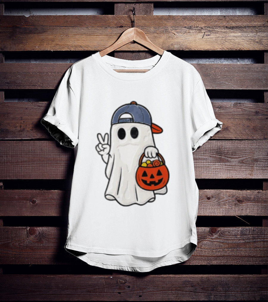 Ghost In Cap With Peace Sign Holding Pumpkin Bucket Halloween T-Shirt