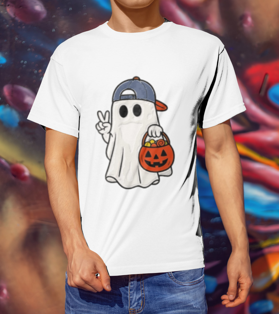 Ghost In Cap With Peace Sign Holding Pumpkin Bucket Halloween T-Shirt
