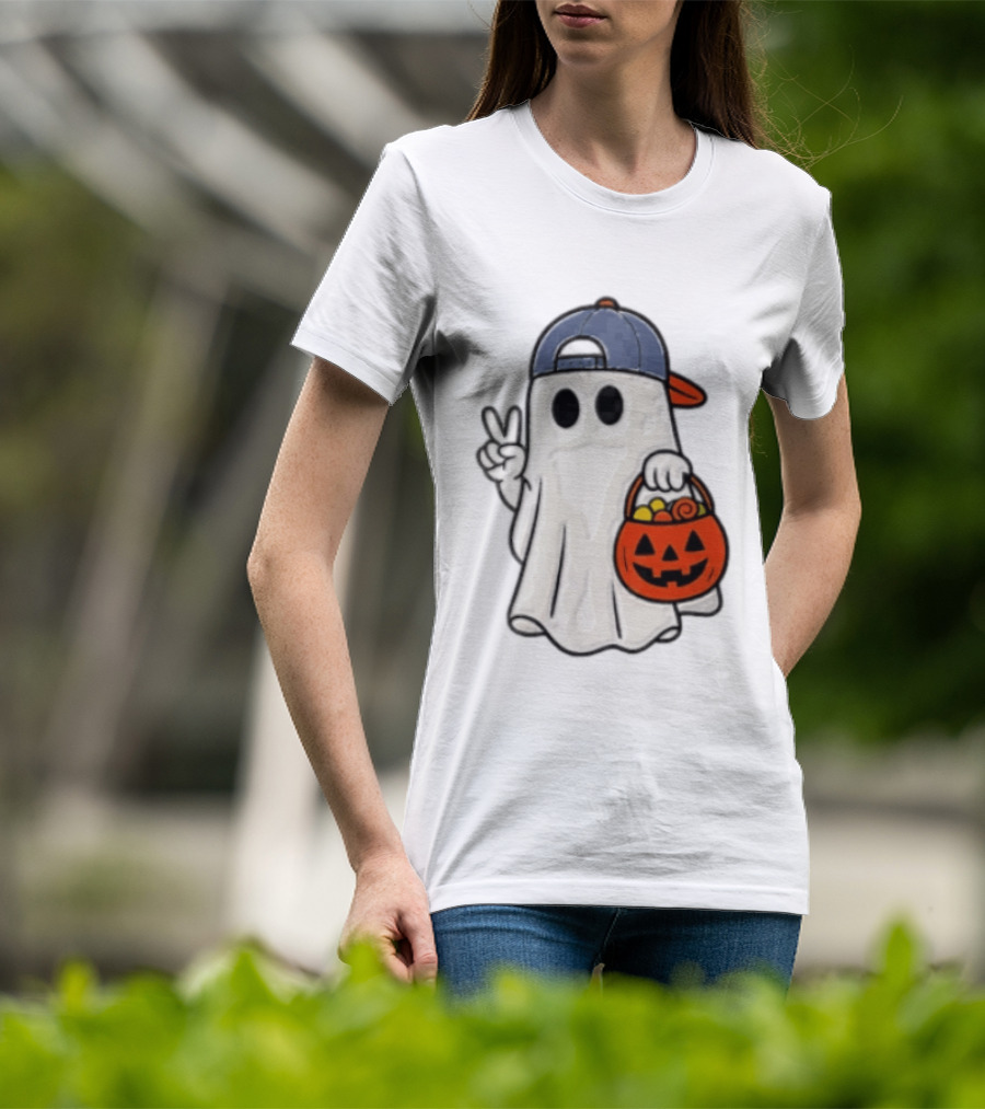 Ghost In Cap With Peace Sign Holding Pumpkin Bucket Halloween T-Shirt