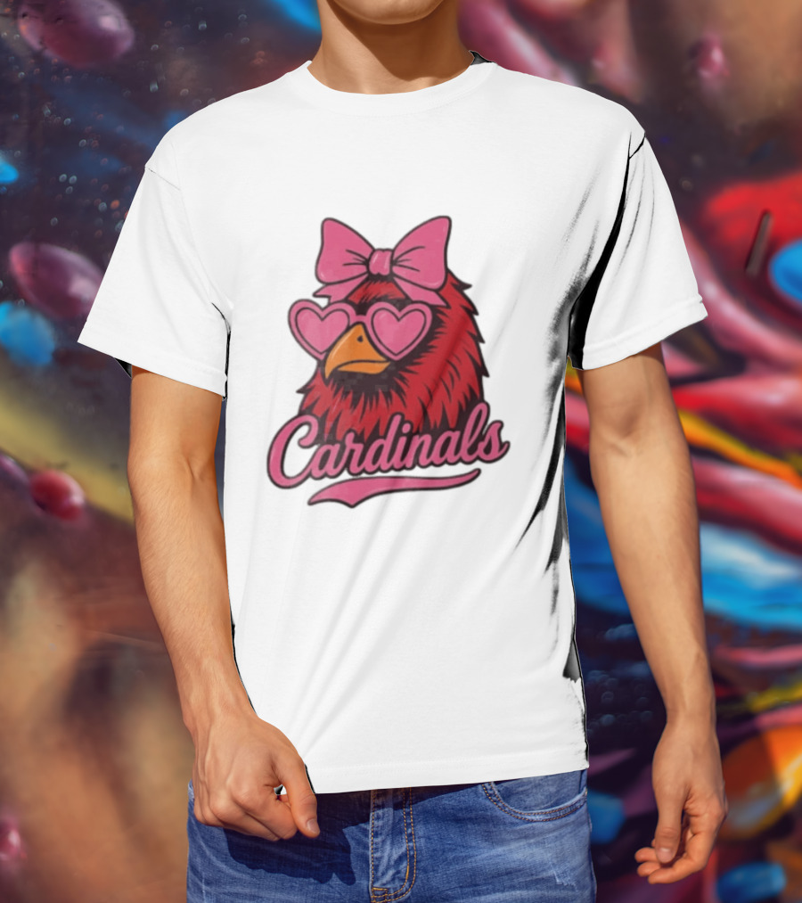 St Louis Cardinals Red Bird Pink Bow Heart Glasses T-Shirt