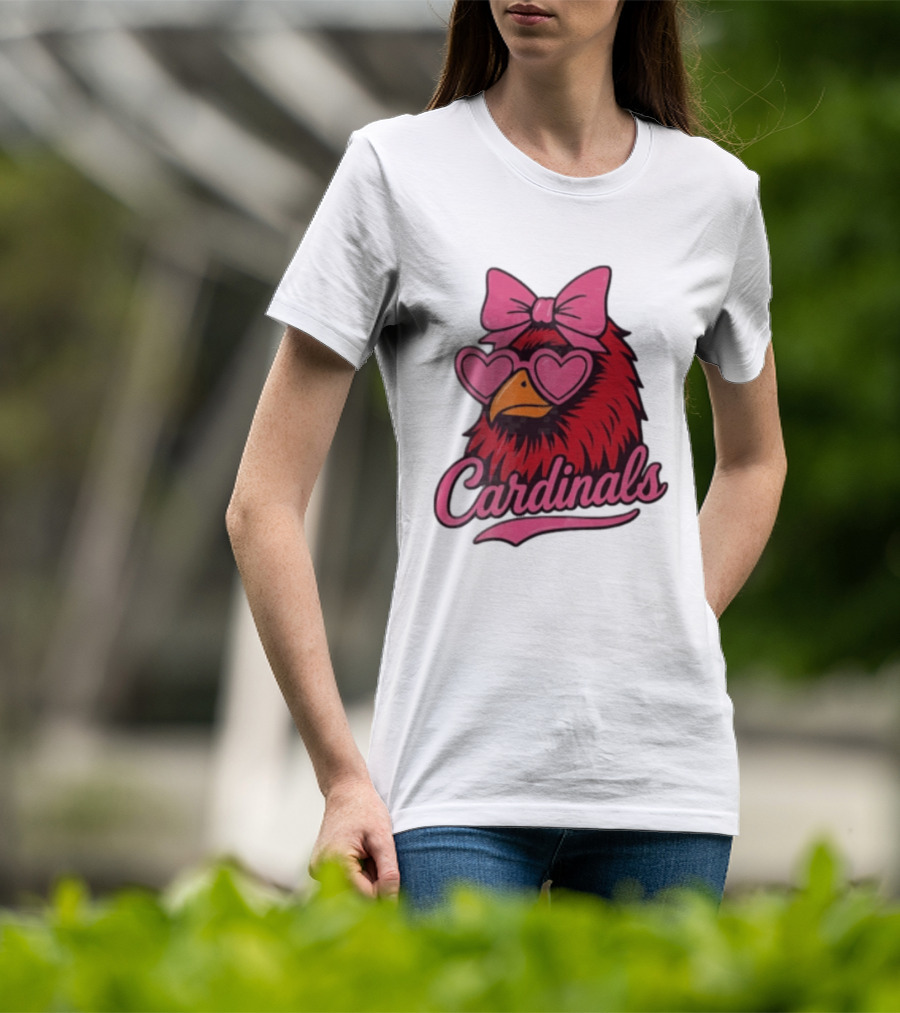 St Louis Cardinals Red Bird Pink Bow Heart Glasses T-Shirt