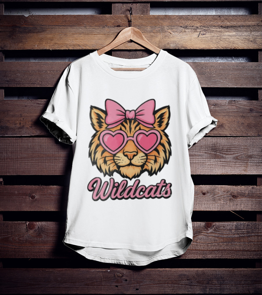 Wildcats Tiger Face Pink Bow Heart Glasses T-Shirt