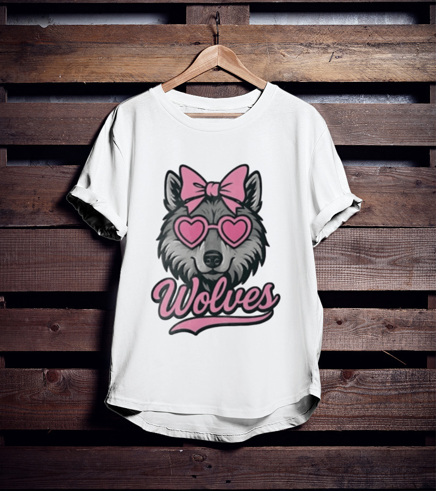 Wolves Wolf Pink Heart Glasses Bow T-Shirt