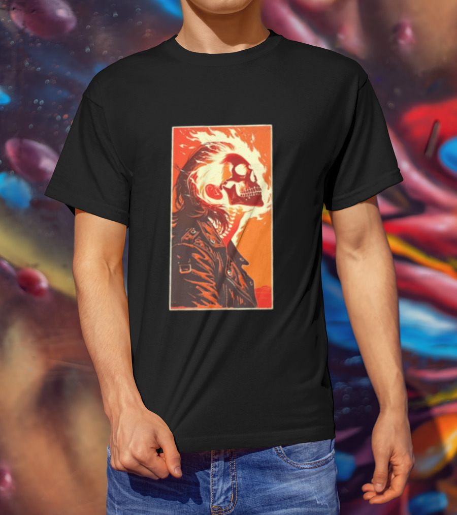 Burnout Flaming Skull Leather Jacket Man Fiery T-Shirt