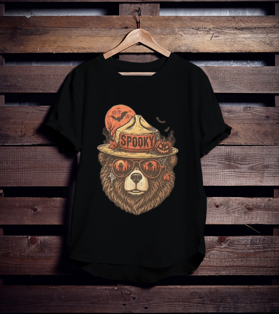 Smokey Bear Spooky Halloween Fire Lookout Forest Ranger Pumpkin Bats T-Shirt