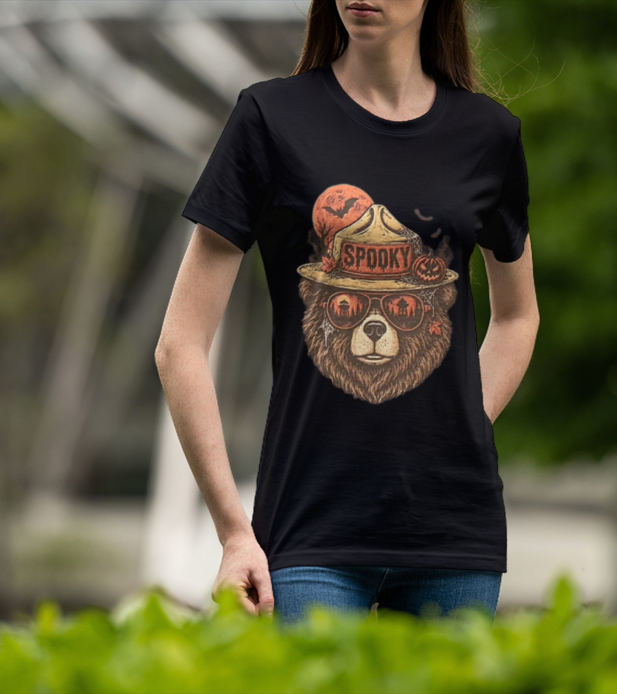Smokey Bear Spooky Halloween Fire Lookout Forest Ranger Pumpkin Bats T-Shirt