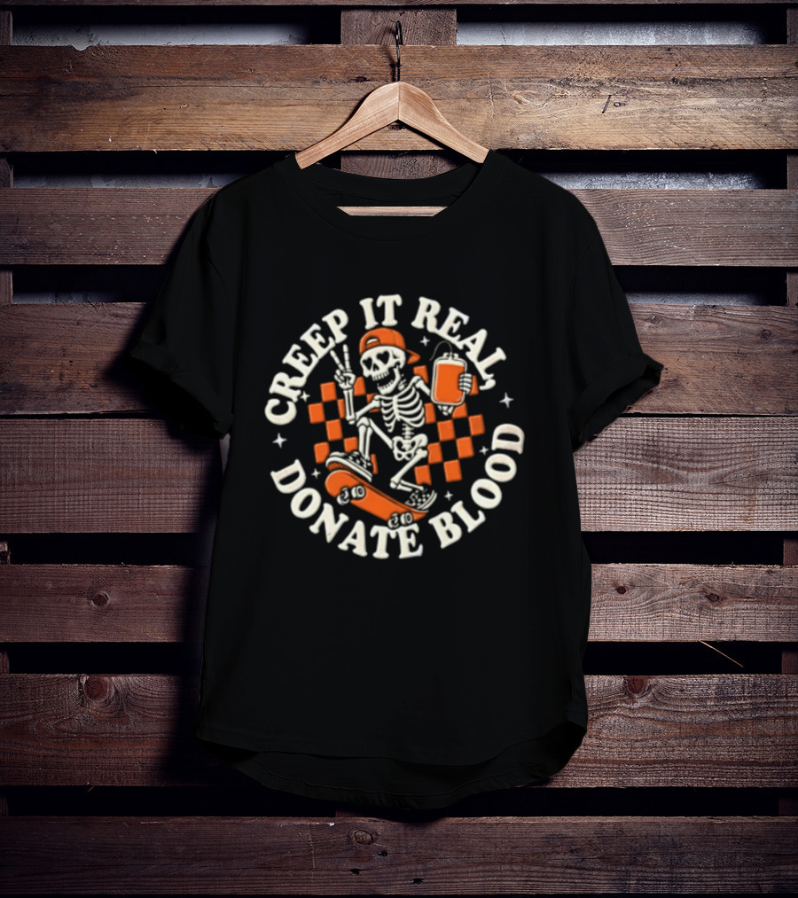Creep It Real Donate Blood Skeleton Skateboarder Peace Sign Blood Bag T-Shirt