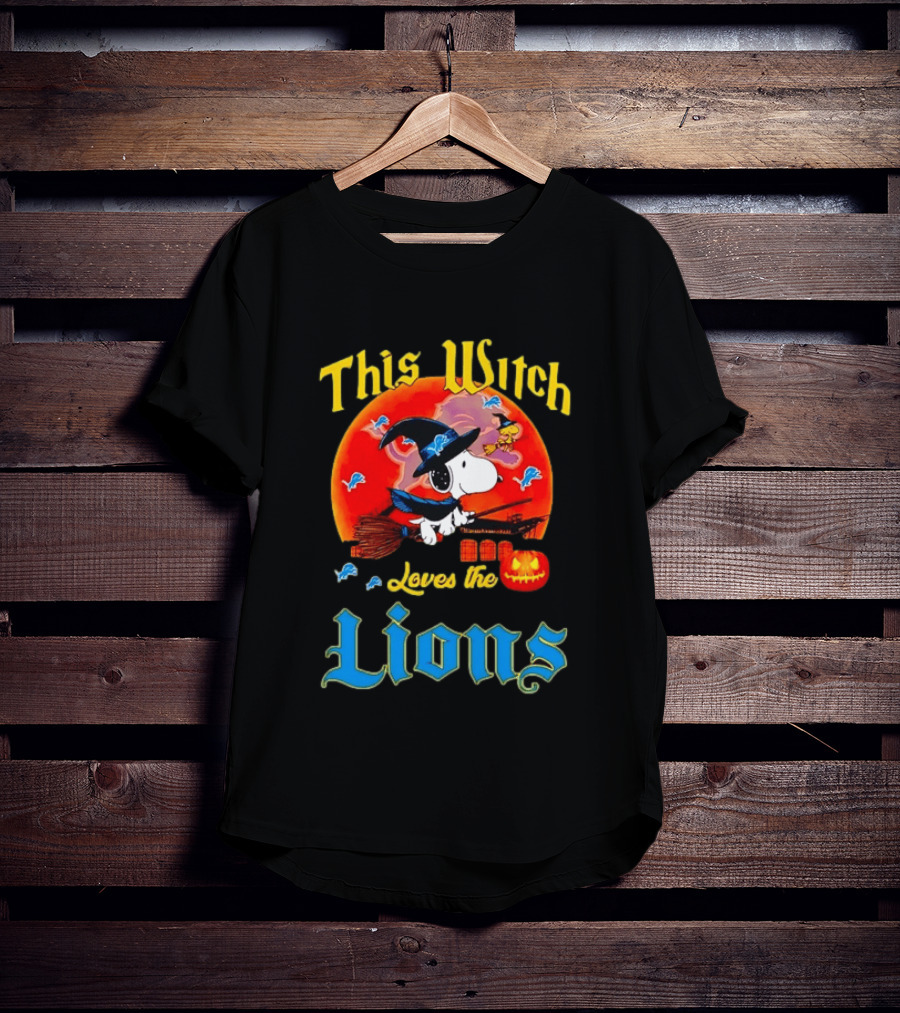 Snoopy This Witch Loves The Lions Halloween Pumpkin Broom Peanuts T-Shirt