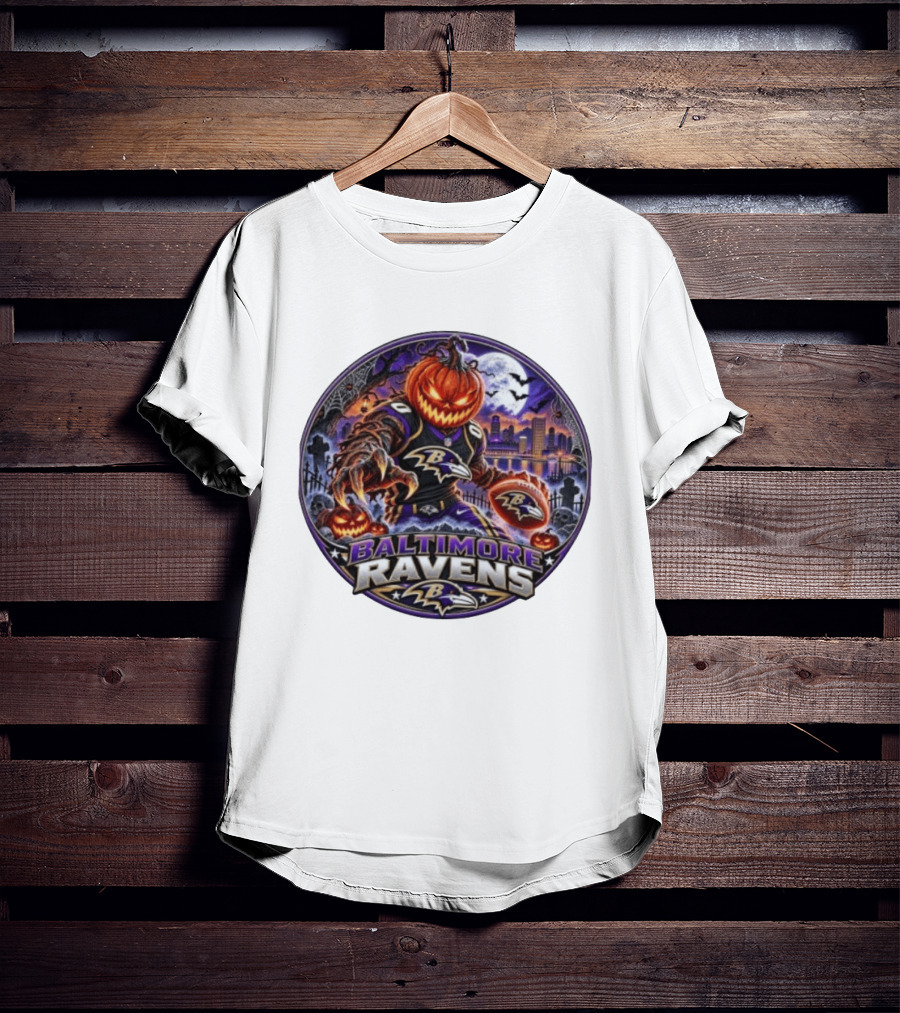 Baltimore Ravens Jack O' Lantern Halloween Football Spooky Night Ravens Stadium Skyline T-Shirt