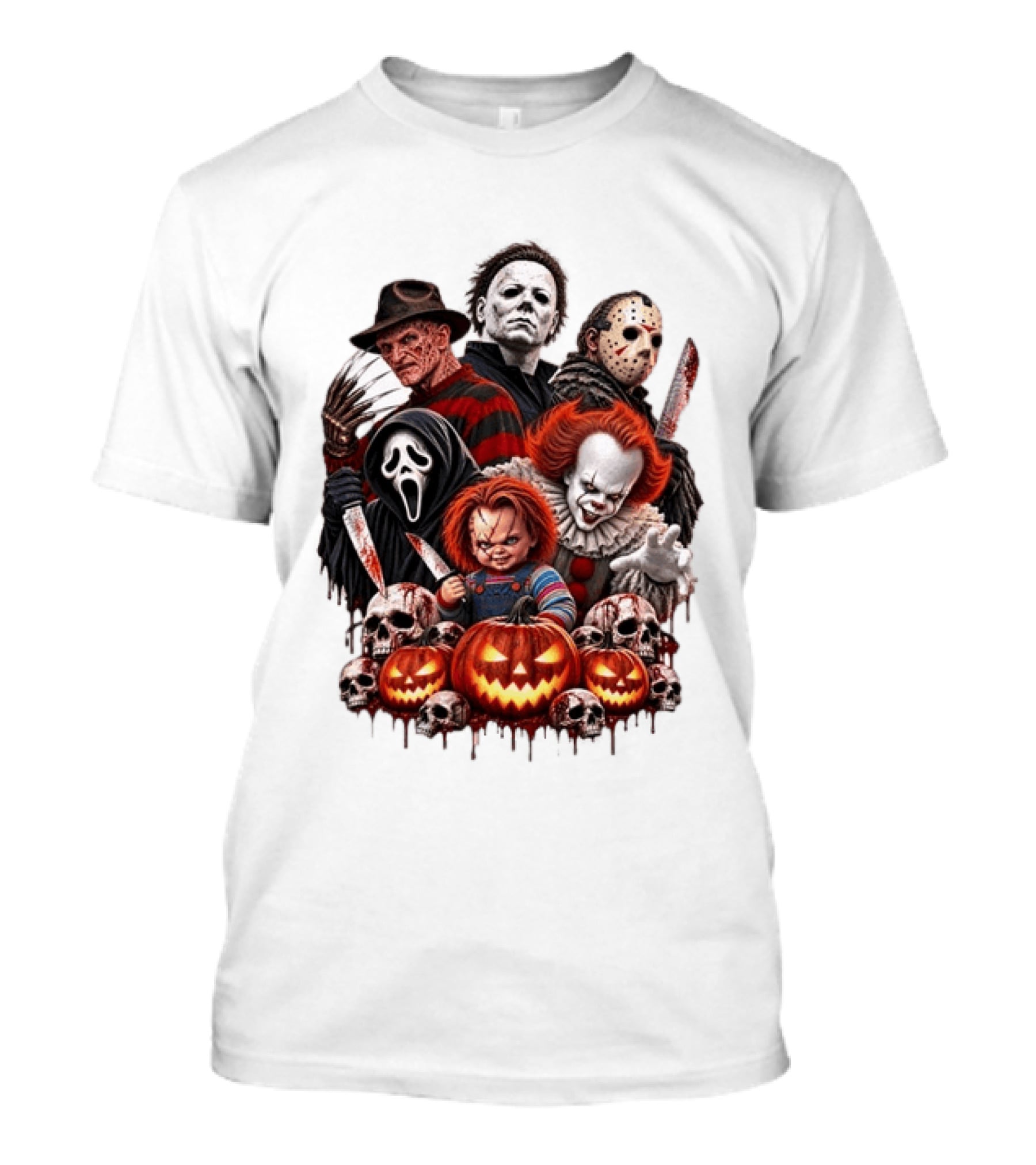 Freddy Krueger Michael Myers Jason Voorhees Ghostface Pennywise Chucky Horror Characters With Skull And Pumpkin Display T-Shirt