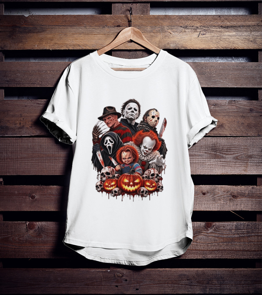 Freddy Krueger Michael Myers Jason Voorhees Ghostface Pennywise Chucky Horror Characters With Skull And Pumpkin Display T-Shirt