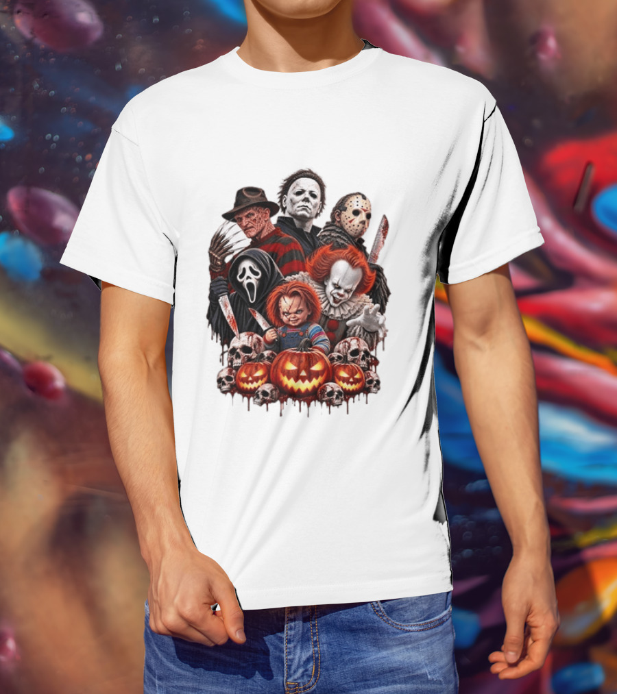 Freddy Krueger Michael Myers Jason Voorhees Ghostface Pennywise Chucky Horror Characters With Skull And Pumpkin Display T-Shirt